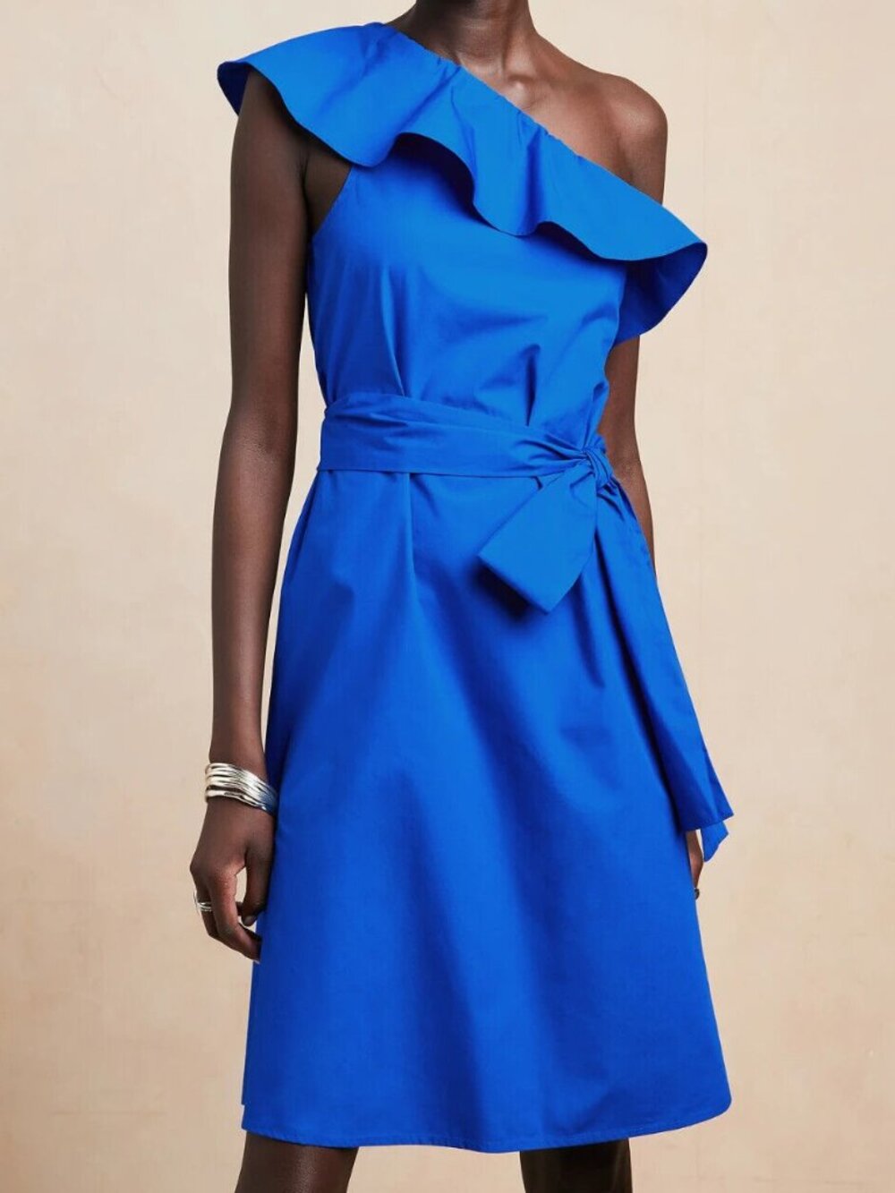 NWT Banana Republic Blue Cotton Poplin Ruffled One-Shoulder Resort Dress PL